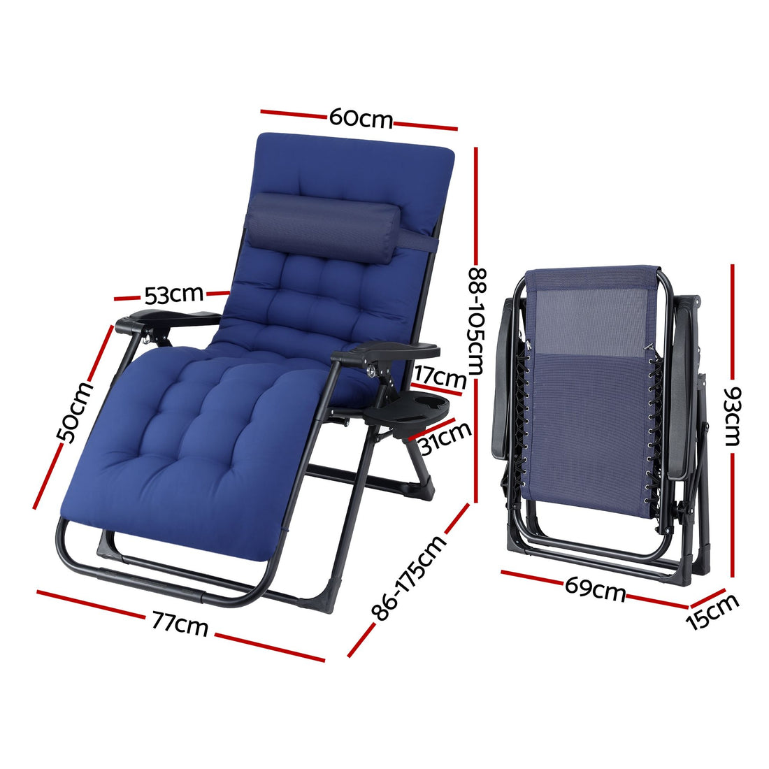 Gardeon Sun Lounge Lounger Folding Camping Zero Gravity Chair Outdoor Furniture XL Blue-Furniture > Outdoor > Outdoor Chairs-PEROZ Accessories
