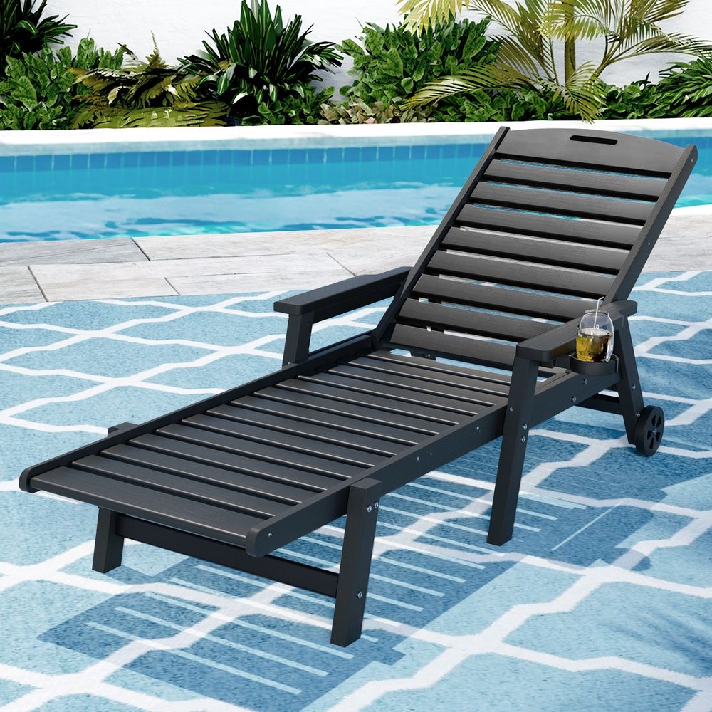 Gardeon Sun Lounge Lounger Beach Chair HDPE Patio Outdoor Furniture with Wheels Black-Furniture > Outdoor > Outdoor Chairs-PEROZ Accessories