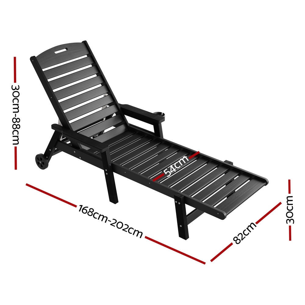 Gardeon Sun Lounge Lounger Beach Chair HDPE Patio Outdoor Furniture with Wheels Black-Furniture &gt; Outdoor &gt; Outdoor Chairs-PEROZ Accessories