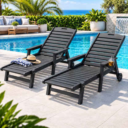 Gardeon 2PCS Sun Lounge Lounger Beach Chair HDPE Patio Outdoor Furniture with Wheels Black-Furniture > Outdoor > Outdoor Chairs-PEROZ Accessories