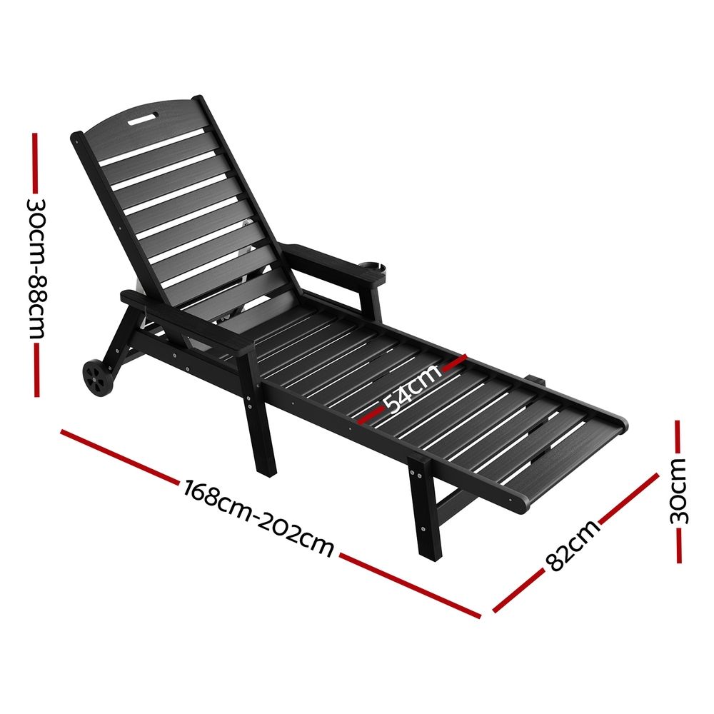 Gardeon 2PCS Sun Lounge Lounger Beach Chair HDPE Patio Outdoor Furniture with Wheels Black-Furniture > Outdoor > Outdoor Chairs-PEROZ Accessories