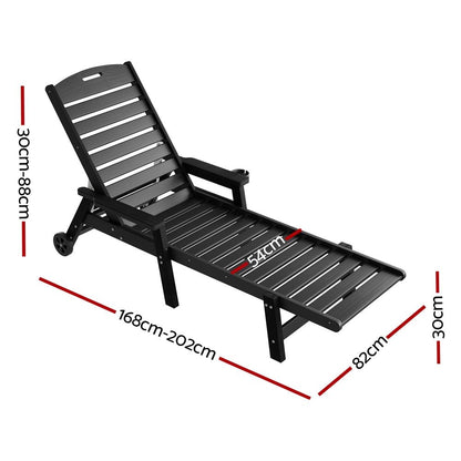 Gardeon 2PCS Sun Lounge Lounger Beach Chair HDPE Patio Outdoor Furniture with Wheels Black-Furniture > Outdoor > Outdoor Chairs-PEROZ Accessories