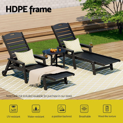 Gardeon 2PCS Sun Lounge Lounger Beach Chair HDPE Patio Outdoor Furniture with Wheels Black-Furniture > Outdoor > Outdoor Chairs-PEROZ Accessories