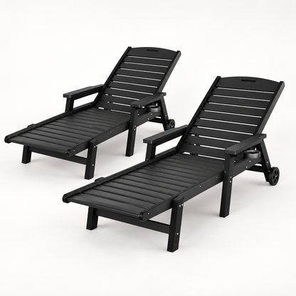 Gardeon 2PCS Sun Lounge Lounger Beach Chair HDPE Patio Outdoor Furniture with Wheels Black-Furniture > Outdoor > Outdoor Chairs-PEROZ Accessories