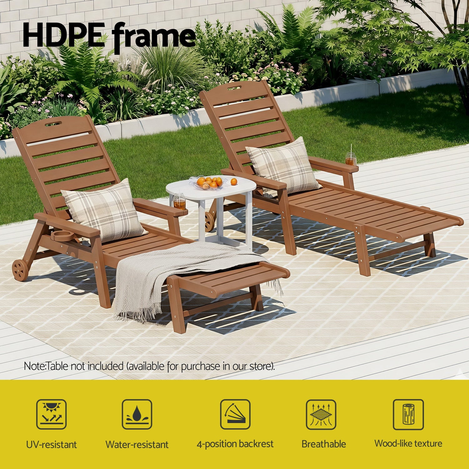 Gardeon Sun Lounge Lounger Beach Chair HDPE Patio Outdoor Furniture with Wheels Brown-Furniture > Outdoor > Outdoor Chairs-PEROZ Accessories
