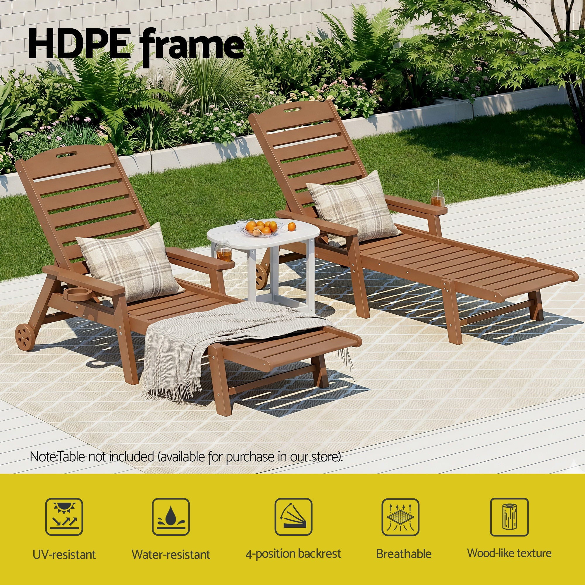 Gardeon Sun Lounge Lounger Beach Chair HDPE Patio Outdoor Furniture with Wheels Brown-Furniture > Outdoor > Outdoor Chairs-PEROZ Accessories