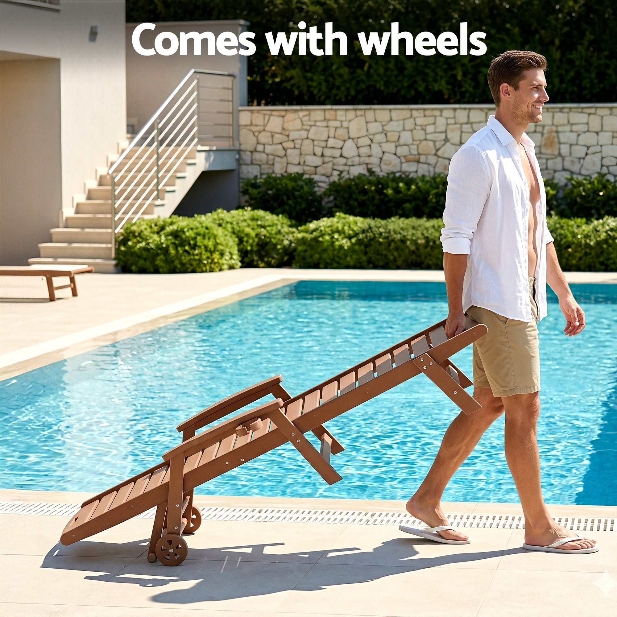 Gardeon Sun Lounge Lounger Beach Chair HDPE Patio Outdoor Furniture with Wheels Brown-Furniture > Outdoor > Outdoor Chairs-PEROZ Accessories