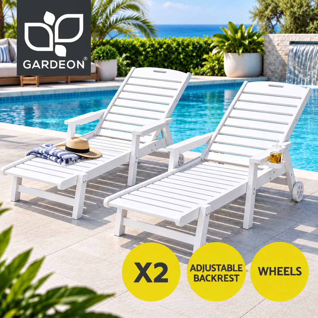 Gardeon 2PCS Sun Lounge Lounger Beach Chair HDPE Patio Outdoor Furniture with Wheels White-Furniture > Outdoor > Outdoor Chairs-PEROZ Accessories