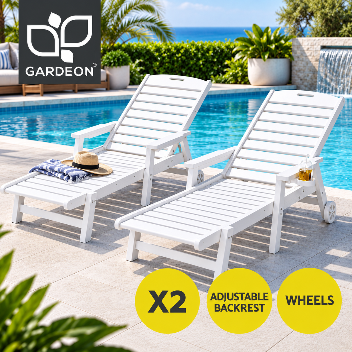 Gardeon 2PCS Sun Lounge Lounger Beach Chair HDPE Patio Outdoor Furniture with Wheels White-Furniture > Outdoor > Outdoor Chairs-PEROZ Accessories
