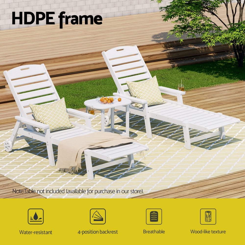 Gardeon 2PCS Sun Lounge Lounger Beach Chair HDPE Patio Outdoor Furniture with Wheels White-Furniture > Outdoor > Outdoor Chairs-PEROZ Accessories