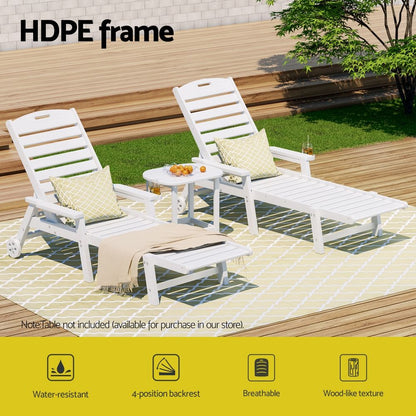 Gardeon 2PCS Sun Lounge Lounger Beach Chair HDPE Patio Outdoor Furniture with Wheels White-Furniture > Outdoor > Outdoor Chairs-PEROZ Accessories