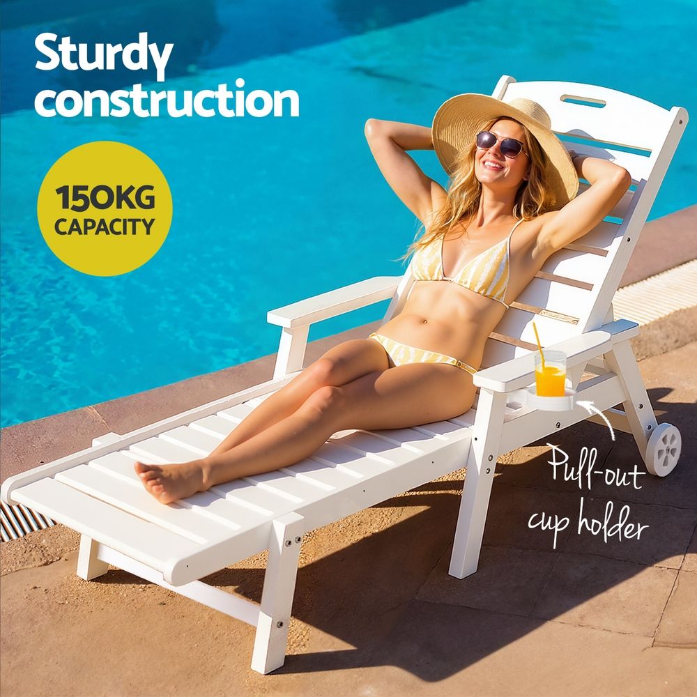 Gardeon 2PCS Sun Lounge Lounger Beach Chair HDPE Patio Outdoor Furniture with Wheels White-Furniture > Outdoor > Outdoor Chairs-PEROZ Accessories