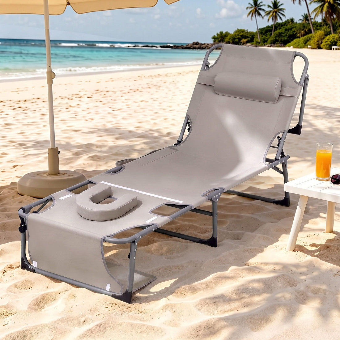 Gardeon Sun Lounger 5 Position Folding Tanning Chair with Face Hole Khaki-Furniture > Outdoor > Outdoor Chairs-PEROZ Accessories