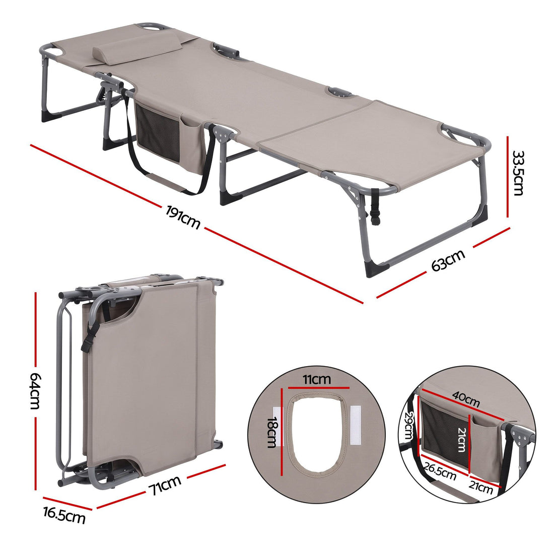 Gardeon Sun Lounger 5 Position Folding Tanning Chair with Face Hole Khaki-Furniture > Outdoor > Outdoor Chairs-PEROZ Accessories