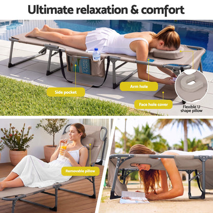 Gardeon Sun Lounger 5 Position Folding Tanning Chair with Face Hole Khaki