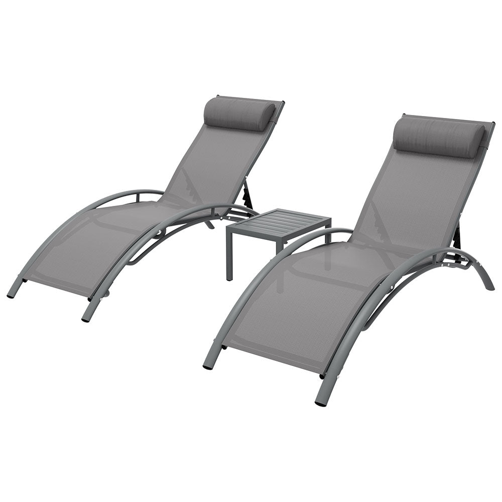 Gardeon 3PC Sun Lounge Outdoor Lounger Steel Table Chairs Patio Furniture Grey-Furniture &gt; Outdoor-PEROZ Accessories