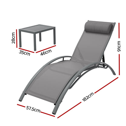Gardeon 3PC Sun Lounge Outdoor Lounger Steel Table Chairs Patio Furniture Grey-Furniture &gt; Outdoor-PEROZ Accessories