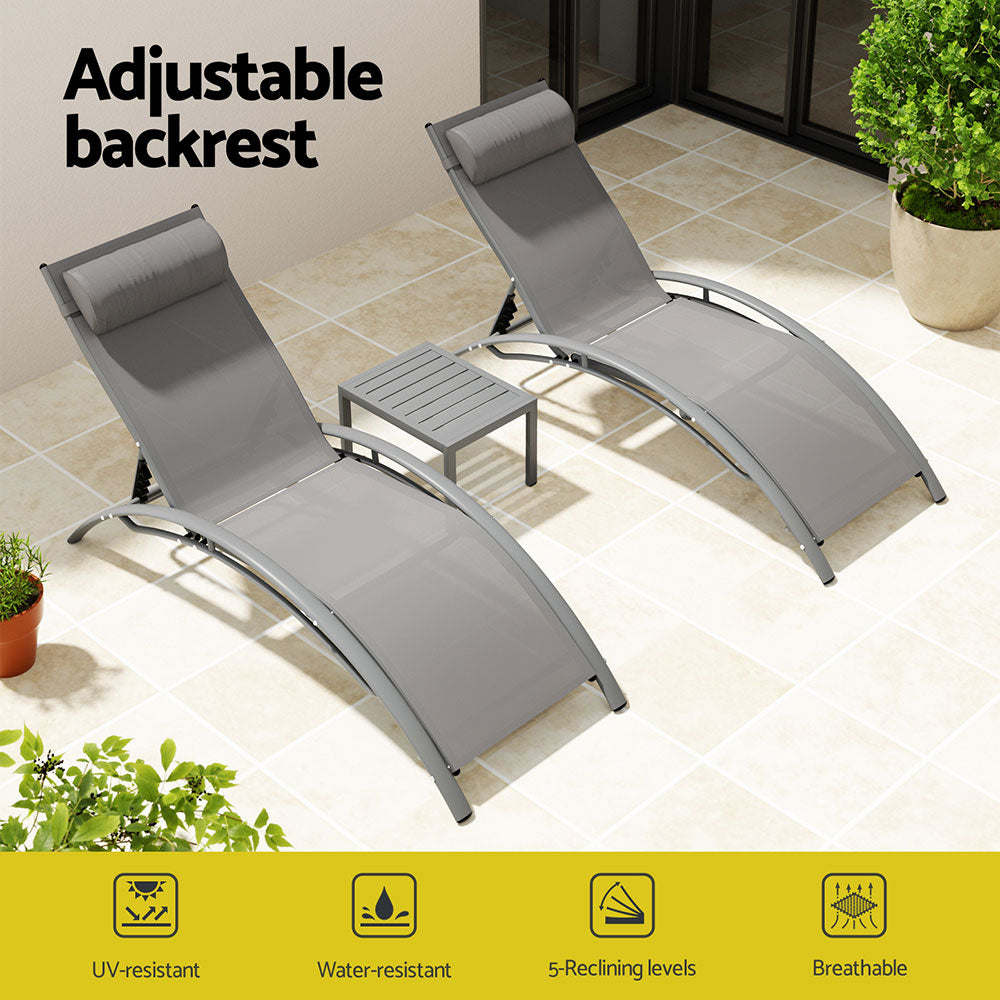 Gardeon 3PC Sun Lounge Outdoor Lounger Steel Table Chairs Patio Furniture Grey-Furniture &gt; Outdoor-PEROZ Accessories