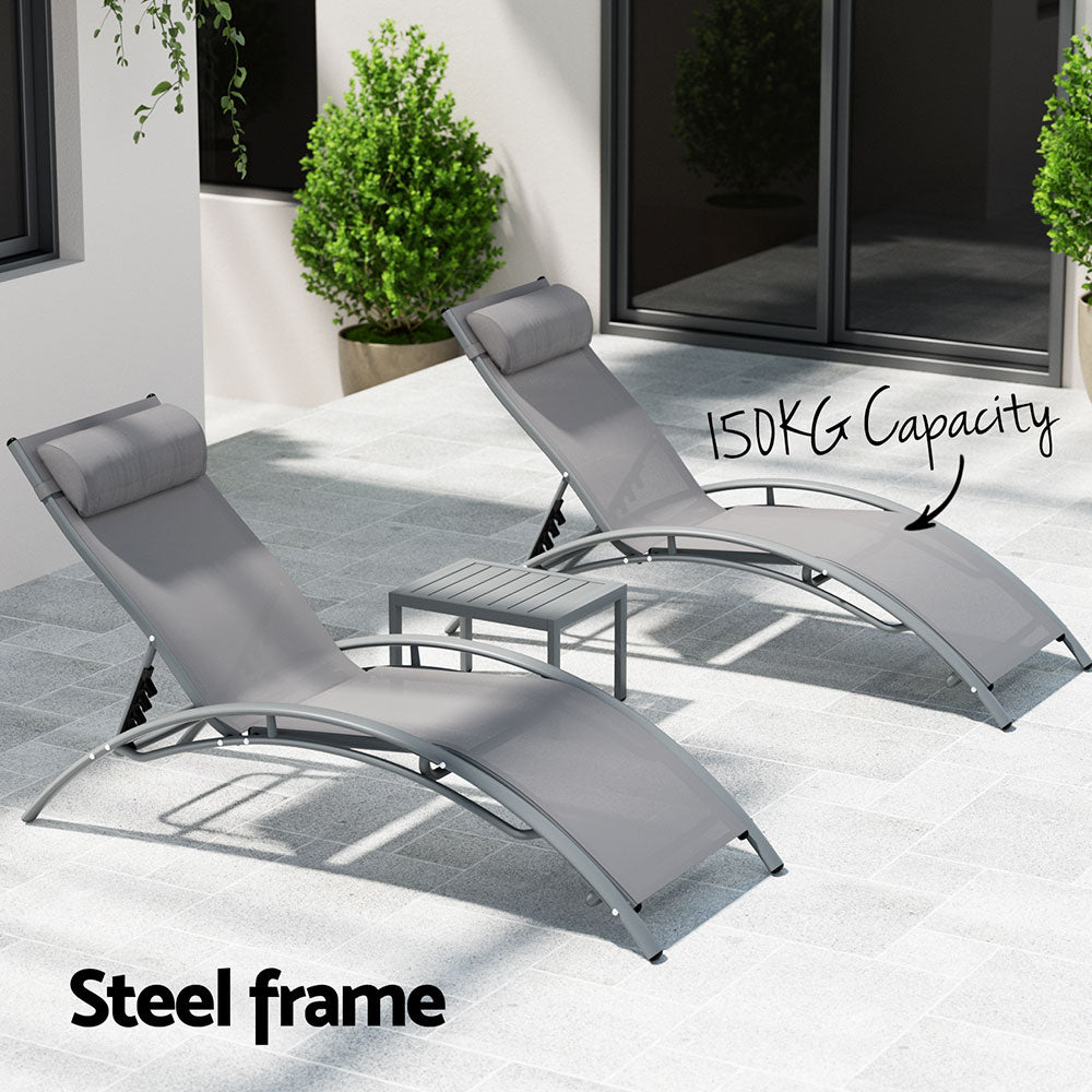 Gardeon 3PC Sun Lounge Outdoor Lounger Steel Table Chairs Patio Furniture Grey-Furniture &gt; Outdoor-PEROZ Accessories