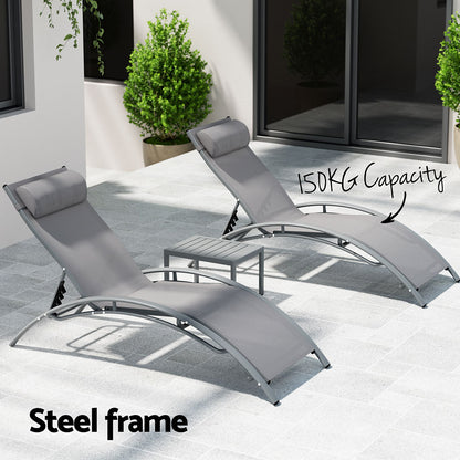 Gardeon 3PC Sun Lounge Outdoor Lounger Steel Table Chairs Patio Furniture Grey-Furniture &gt; Outdoor-PEROZ Accessories