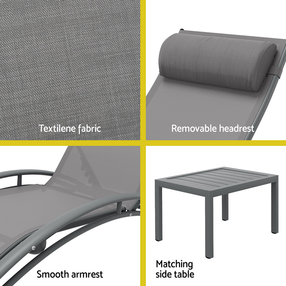 Gardeon 3PC Sun Lounge Outdoor Lounger Steel Table Chairs Patio Furniture Grey-Furniture &gt; Outdoor-PEROZ Accessories