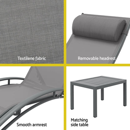 Gardeon 3PC Sun Lounge Outdoor Lounger Steel Table Chairs Patio Furniture Grey-Furniture &gt; Outdoor-PEROZ Accessories