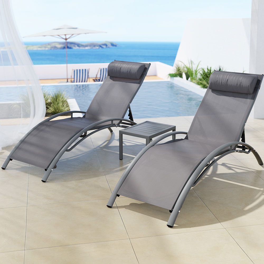 Gardeon 3PC Sun Lounge Outdoor Lounger Steel Table Chairs Patio Furniture Grey-Furniture &gt; Outdoor-PEROZ Accessories