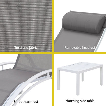 Gardeon 3PC Sun Lounge Outdoor Lounger Table Chairs Steel Patio Furniture Garden-Furniture &gt; Outdoor &gt; Outdoor Sofas &amp; Lounge Sets-PEROZ Accessories