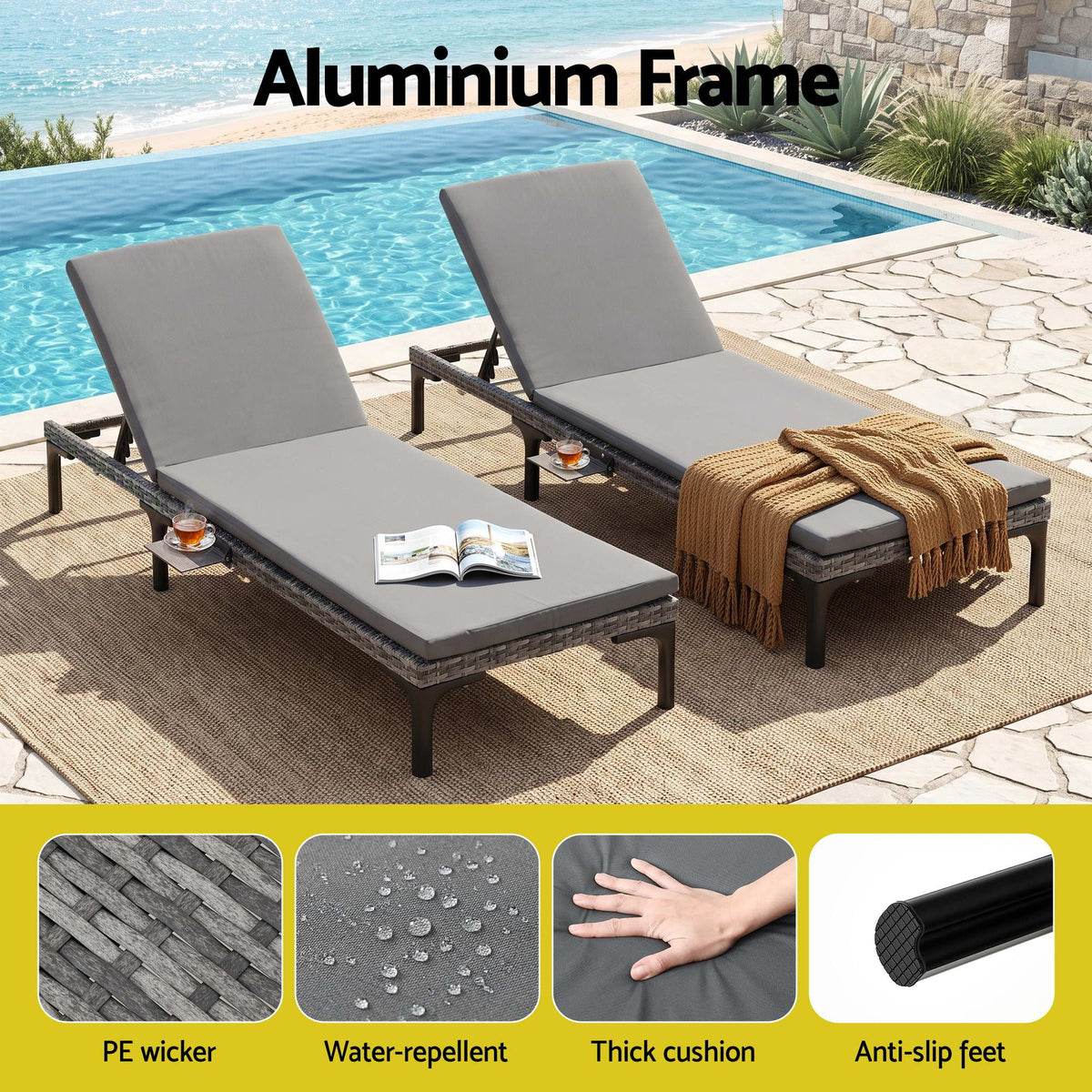 Gardeon 2PC Sun Lounger PE Rattan Recliners with Cup Holder Cushion Rain Cover-Furniture > Outdoor > Outdoor Chairs-PEROZ Accessories
