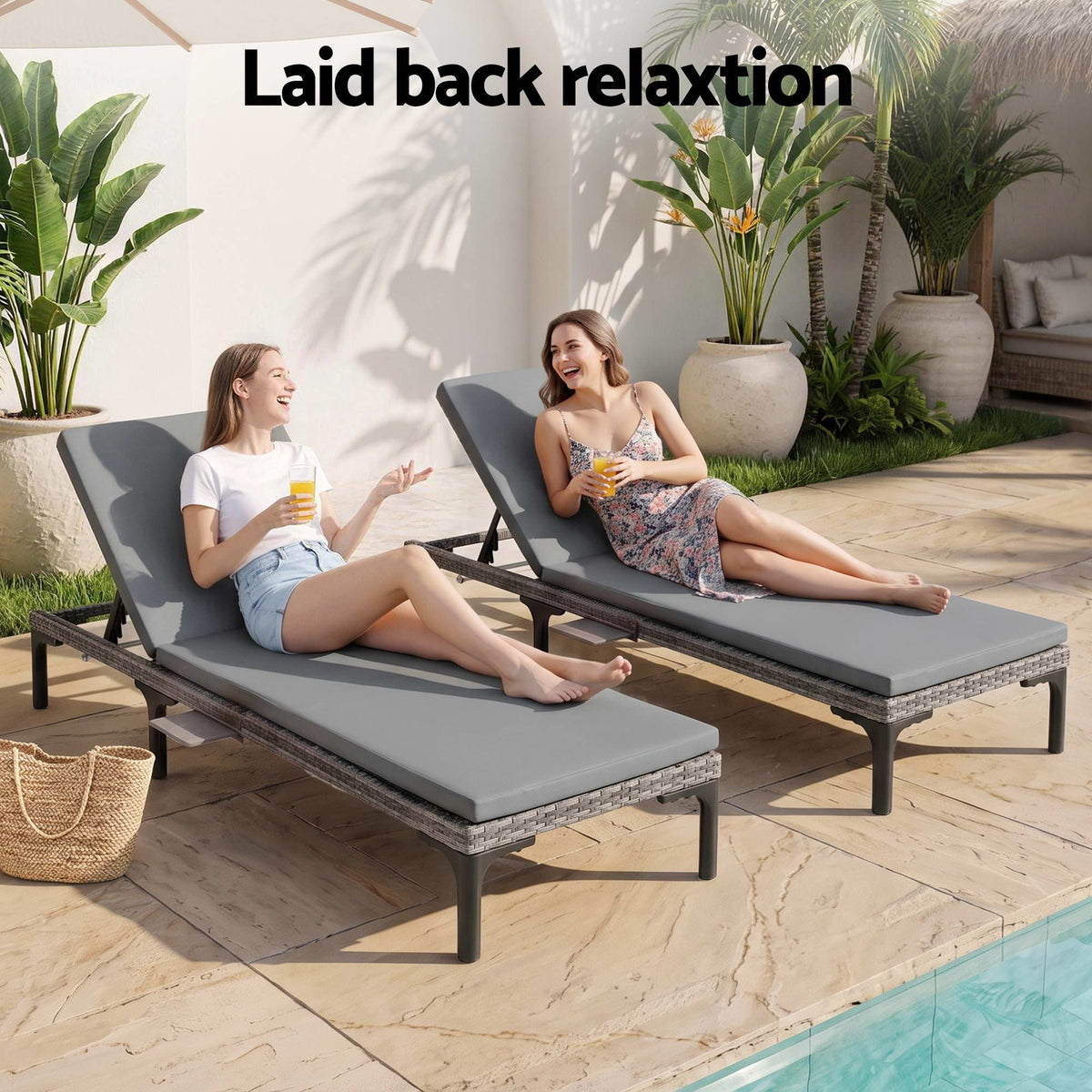 Gardeon 2PC Sun Lounger PE Rattan Recliners with Cup Holder Cushion Rain Cover-Furniture > Outdoor > Outdoor Chairs-PEROZ Accessories