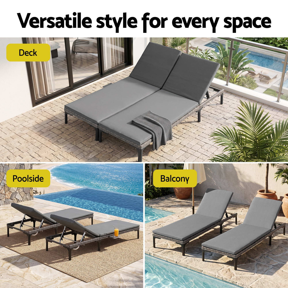 Gardeon 2PC Sun Lounger PE Rattan Recliners with Cup Holder Cushion Rain Cover-Furniture > Outdoor > Outdoor Chairs-PEROZ Accessories