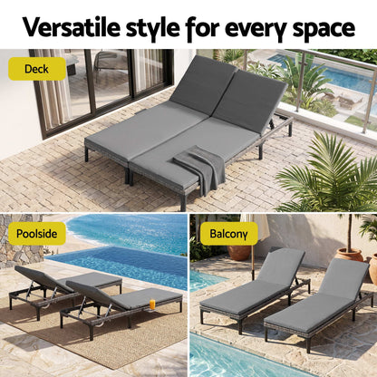 Gardeon 2PC Sun Lounger PE Rattan Recliners with Cup Holder Cushion Rain Cover-Furniture > Outdoor > Outdoor Chairs-PEROZ Accessories
