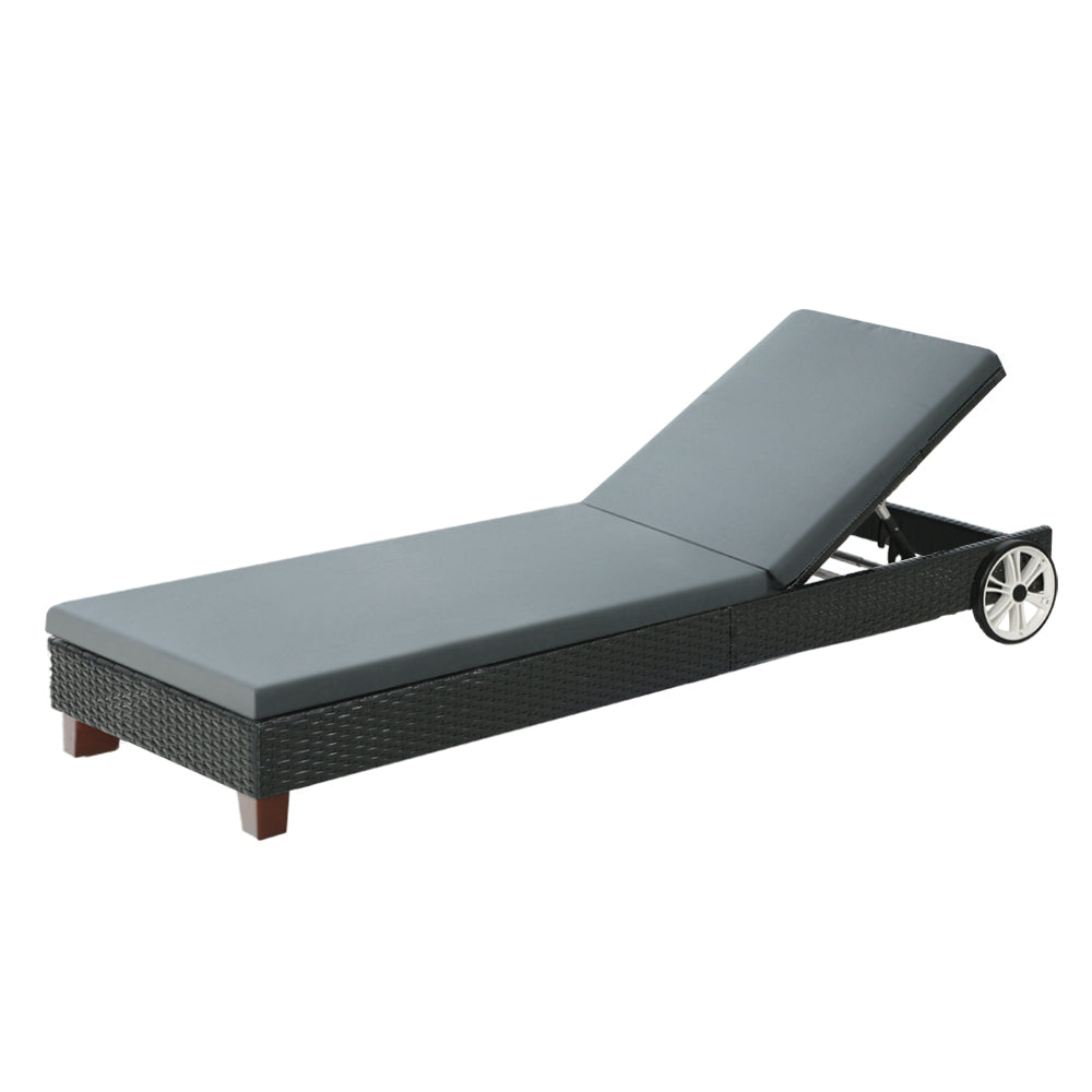 Gardeon Sun Lounge Wicker Lounger Outdoor Furniture Day Bed Wheels Patio Black-Sun Lounges-PEROZ Accessories
