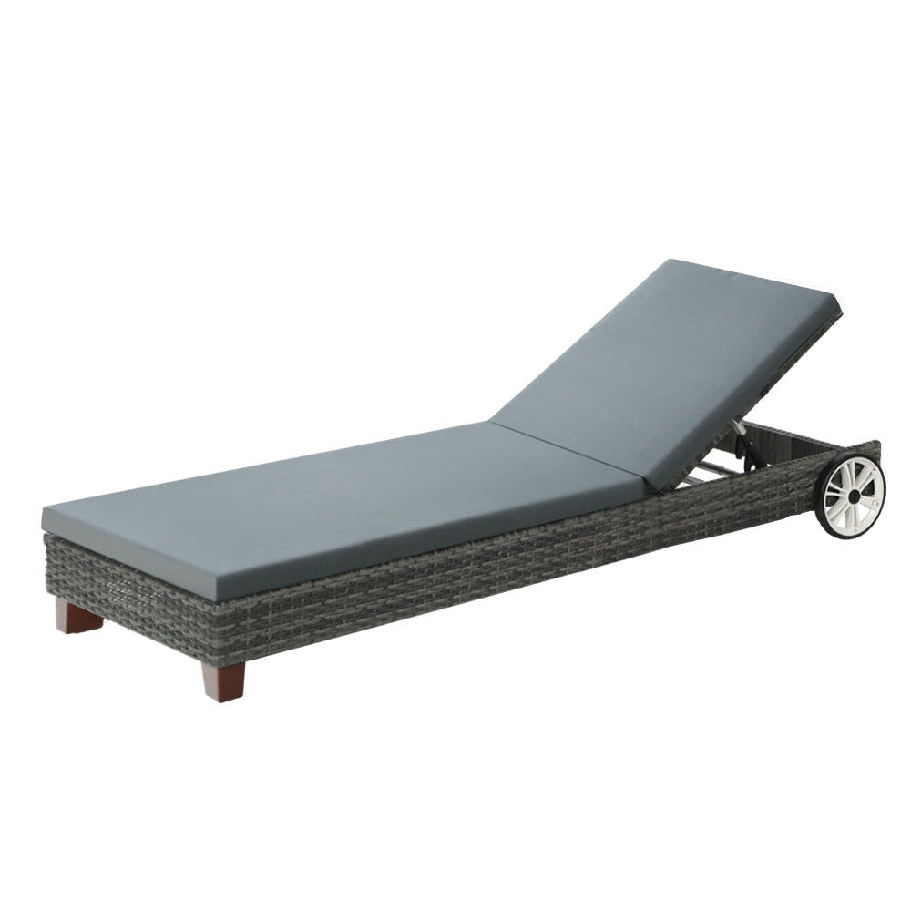 Gardeon Sun Lounge Wicker Lounger Outdoor Furniture Day Bed Wheels Patio Grey-Sun Lounges-PEROZ Accessories