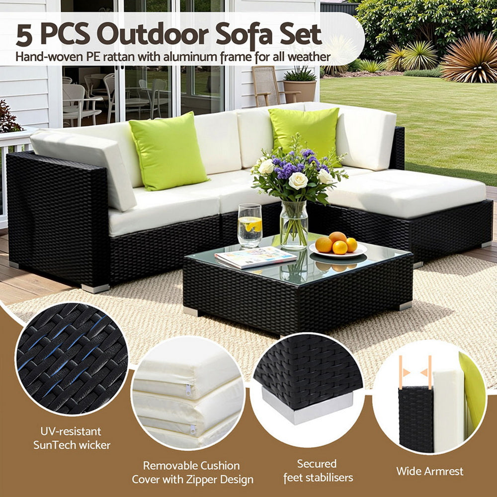 Gardeon 5-Piece Outdoor Sofa Set Wicker Couch Lounge Setting Cover-Outdoor Sofa Sets-PEROZ Accessories