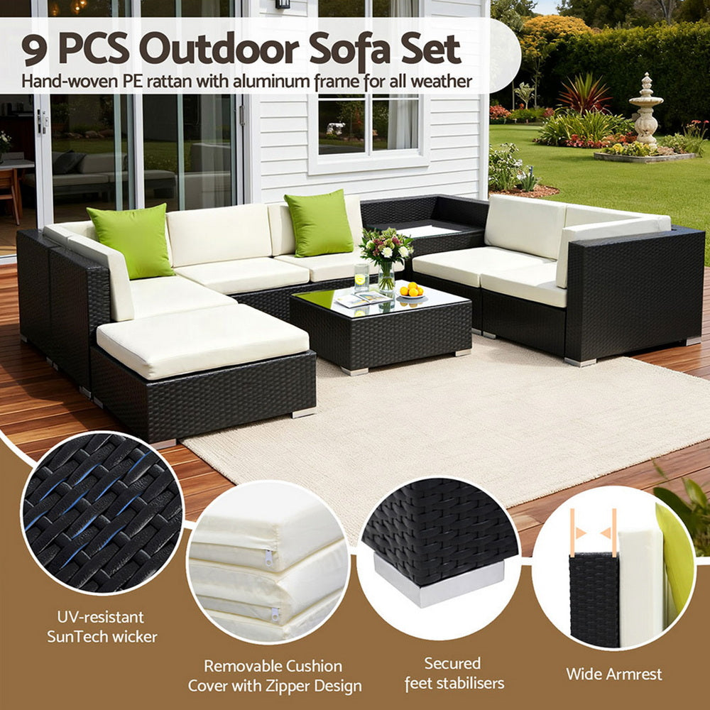 Gardeon 9-Piece Outdoor Sofa Set Wicker Couch Lounge Setting Cover-Outdoor Sofa Sets-PEROZ Accessories