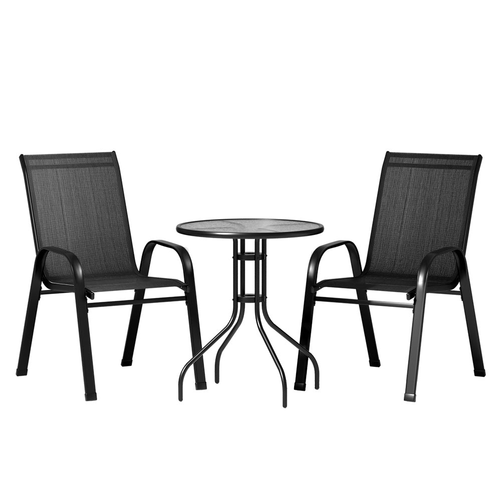 Gardeon 3PC Outdoor Bistro Set Table and Chairs Stackable Patio Furniture Black-Outdoor Bistro Sets-PEROZ Accessories