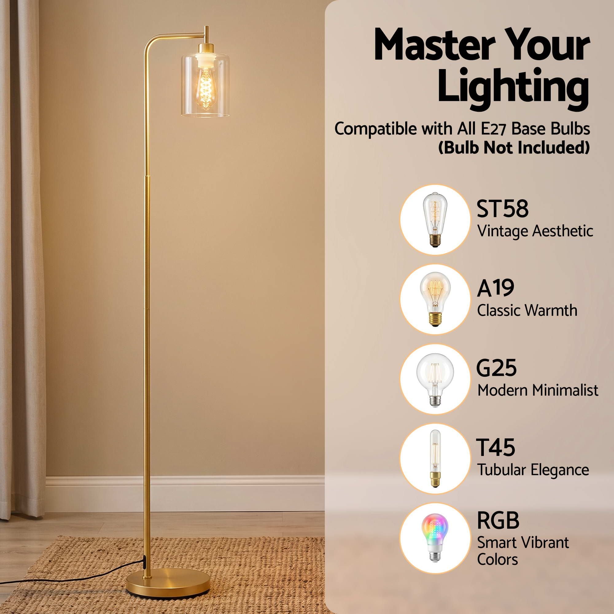 Artiss Floor Lamp Modern Industrial Standing Light with Clear Glass Shade, GoldMetal Tall Lamp for Living Room, Bedroom &amp; Office, Anti-Tipping Weighted Base &amp; Foot Switch (Bulb Not Included)
