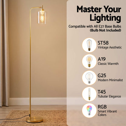 Artiss Floor Lamp Modern Industrial Standing Light with Clear Glass Shade, GoldMetal Tall Lamp for Living Room, Bedroom &amp; Office, Anti-Tipping Weighted Base &amp; Foot Switch (Bulb Not Included)