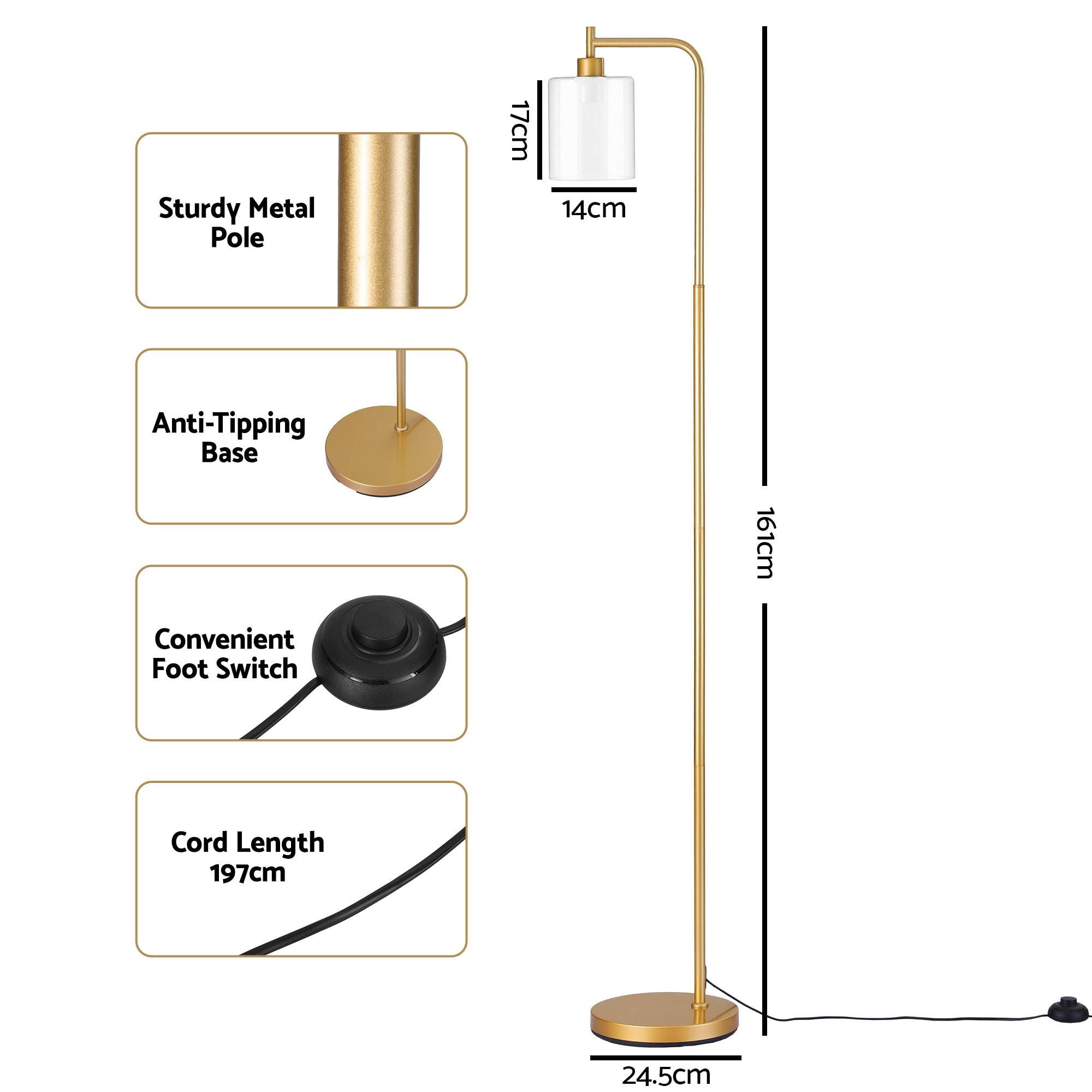 Artiss Floor Lamp Modern Industrial Standing Light with Clear Glass Shade, GoldMetal Tall Lamp for Living Room, Bedroom &amp; Office, Anti-Tipping Weighted Base &amp; Foot Switch (Bulb Not Included)