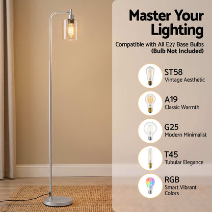 Artiss Floor Lamp Modern Industrial Standing Light with Clear Glass Shade, Silver Metal Tall Lamp for Living Room, Bedroom &amp; Office, Anti-Tipping Weighted Base &amp; Foot Switch (Bulb Not Included)