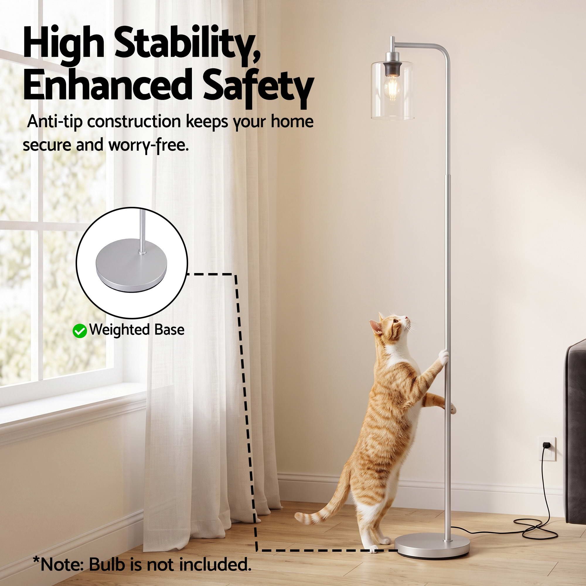 Artiss Floor Lamp Modern Industrial Standing Light with Clear Glass Shade, Silver Metal Tall Lamp for Living Room, Bedroom &amp; Office, Anti-Tipping Weighted Base &amp; Foot Switch (Bulb Not Included)