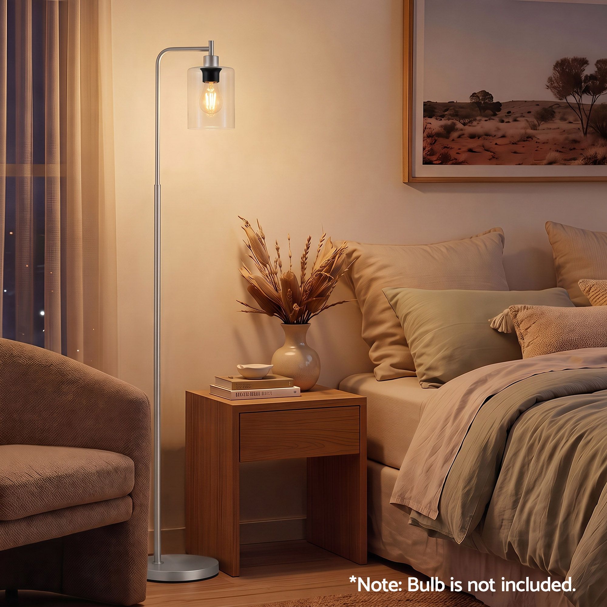Artiss Floor Lamp Modern Industrial Standing Light with Clear Glass Shade, Silver Metal Tall Lamp for Living Room, Bedroom &amp; Office, Anti-Tipping Weighted Base &amp; Foot Switch (Bulb Not Included)