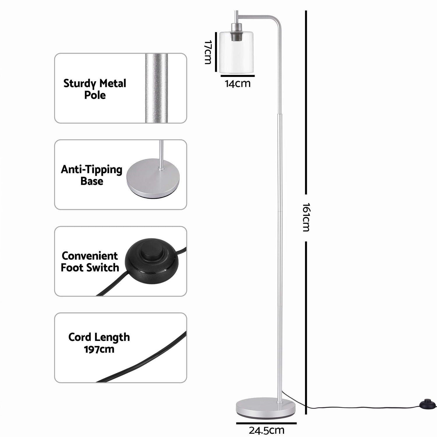 Artiss Floor Lamp Modern Industrial Standing Light with Clear Glass Shade, Silver Metal Tall Lamp for Living Room, Bedroom &amp; Office, Anti-Tipping Weighted Base &amp; Foot Switch (Bulb Not Included)