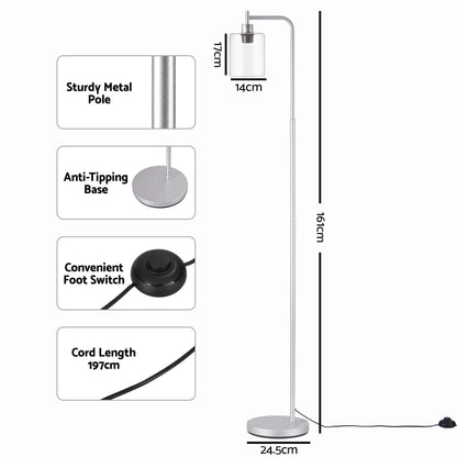 Artiss Floor Lamp Modern Industrial Standing Light with Clear Glass Shade, Silver Metal Tall Lamp for Living Room, Bedroom &amp; Office, Anti-Tipping Weighted Base &amp; Foot Switch (Bulb Not Included)