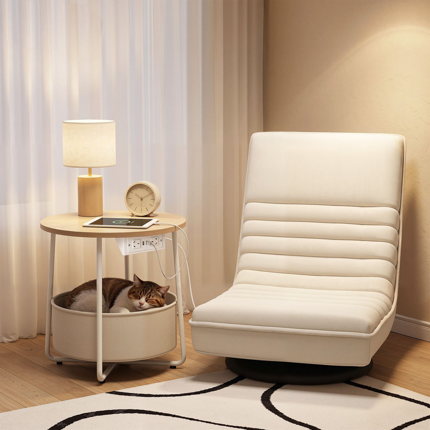 Artiss Floor Lounge &amp; Round Coffee Table Side End Table with Charging Station Set