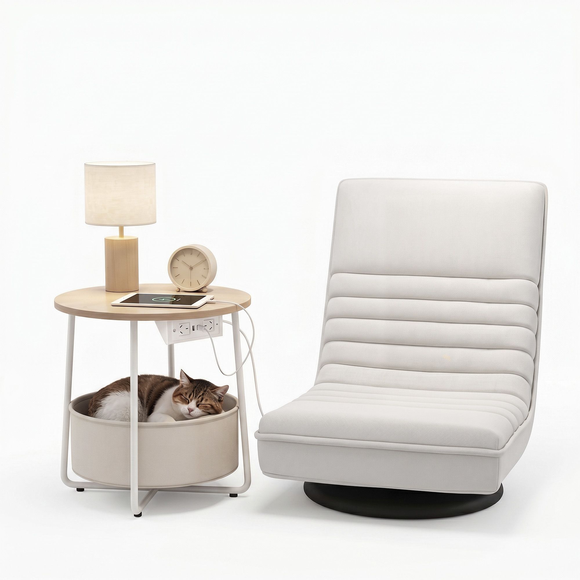 Artiss Floor Lounge &amp; Round Coffee Table Side End Table with Charging Station Set