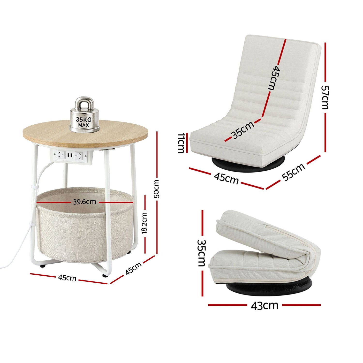 Artiss Floor Lounge &amp; Round Coffee Table Side End Table with Charging Station Set