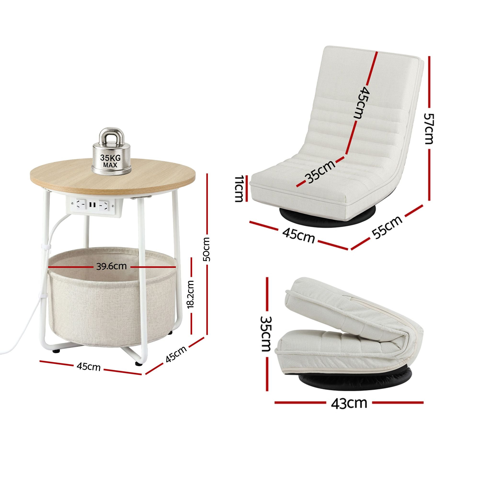 Artiss Floor Lounge &amp; Round Coffee Table Side End Table with Charging Station Set