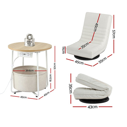 Artiss Floor Lounge &amp; Round Coffee Table Side End Table with Charging Station Set